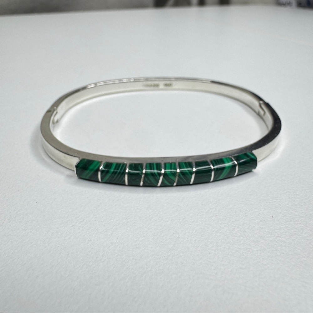 Vintage Taxco Mexico .950 Sterling Silver Malachite Inlay Bangle Bracelet